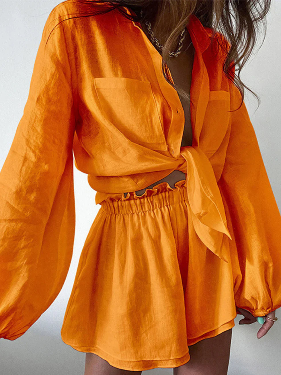 Conjunto Mujer Camisa Manga Larga y Shorts