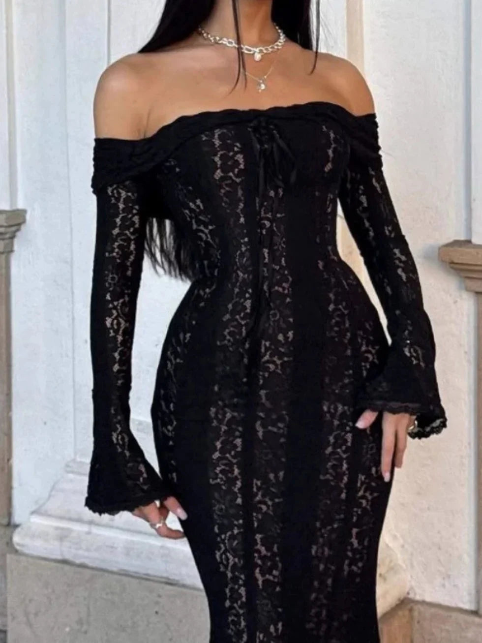 Vestido maxi mujer de encaje hombros descubiertos