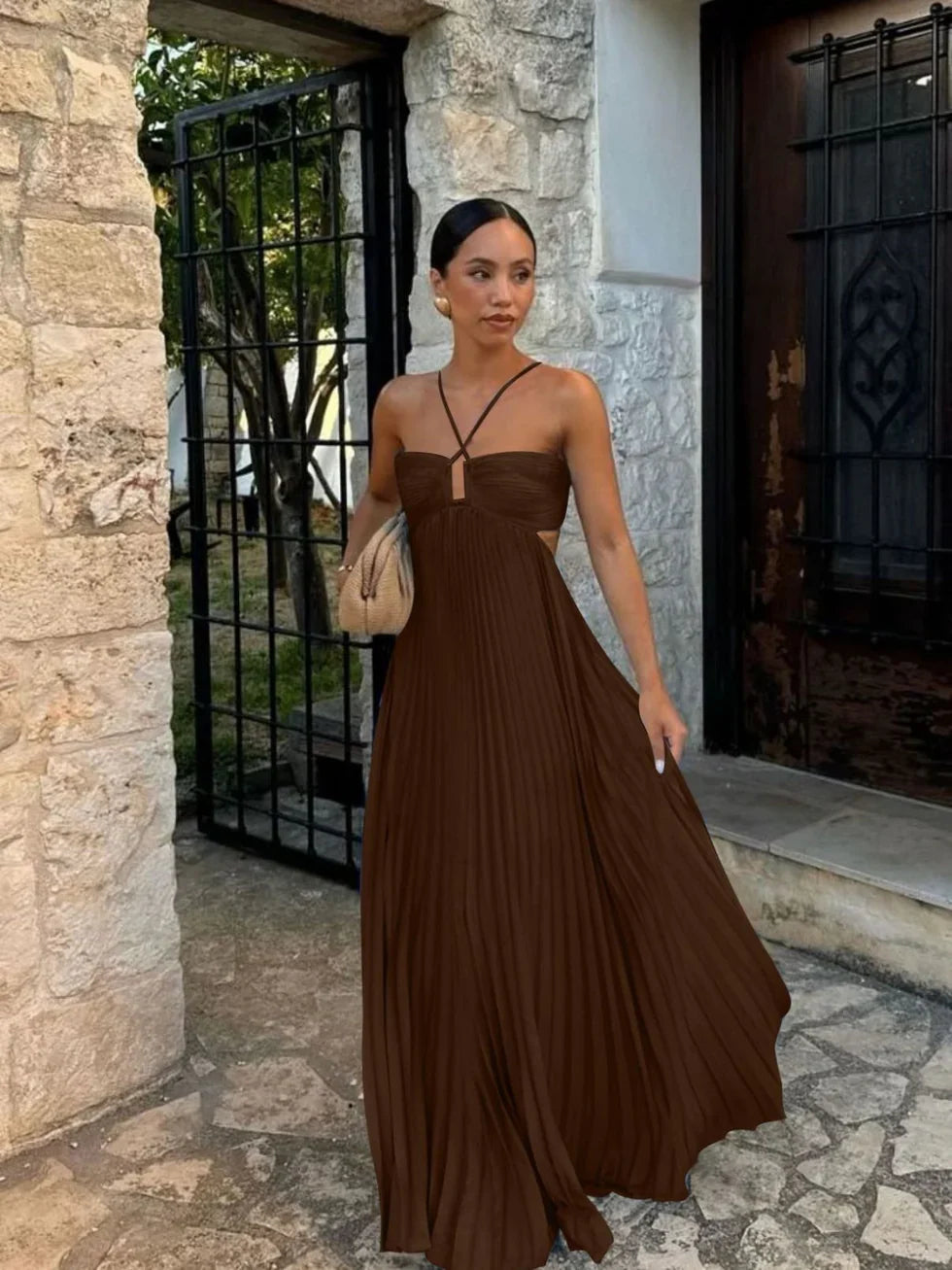 Vestido maxi mujer plisado halter cintura alta