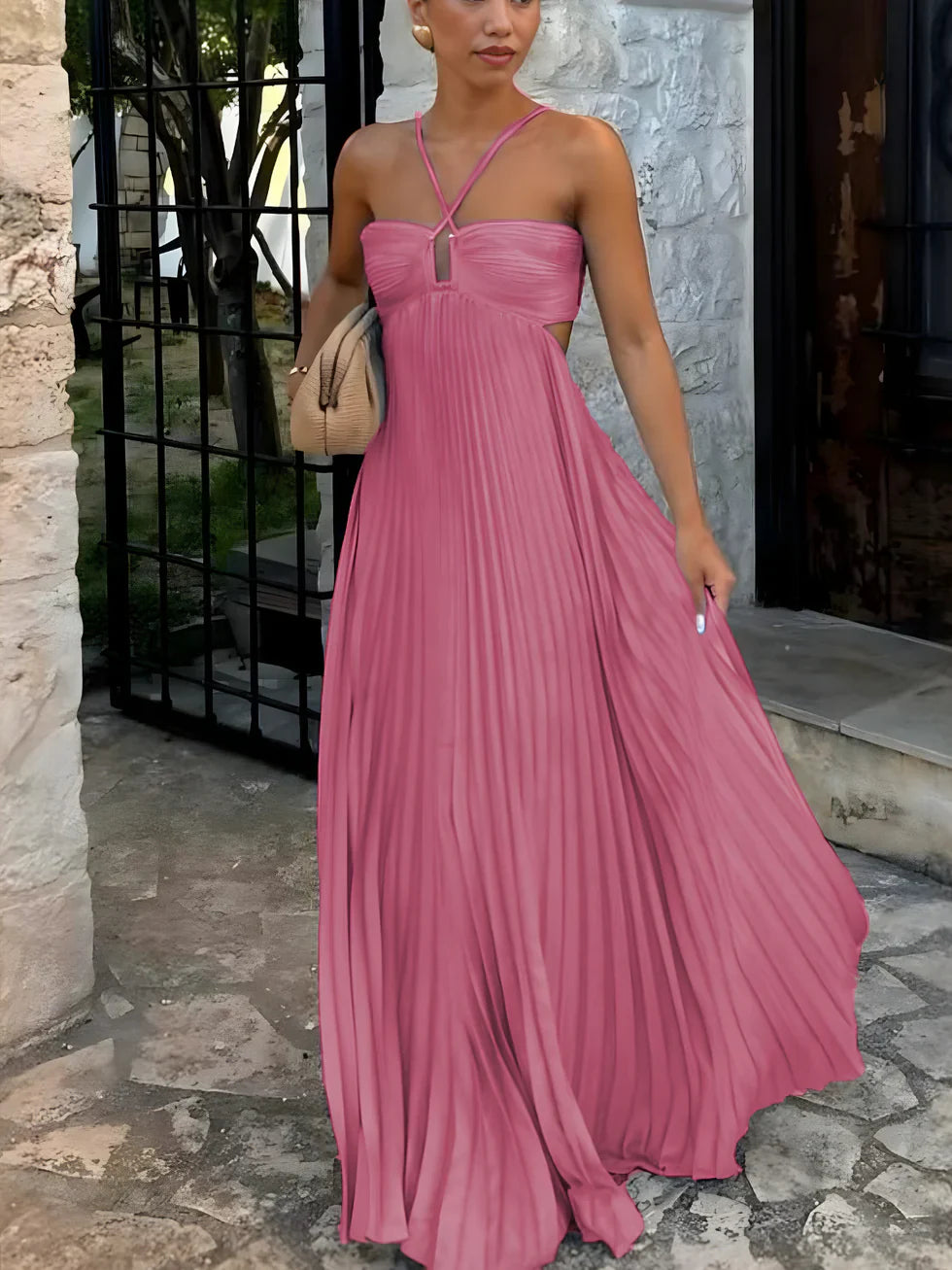 Vestido maxi mujer plisado halter cintura alta