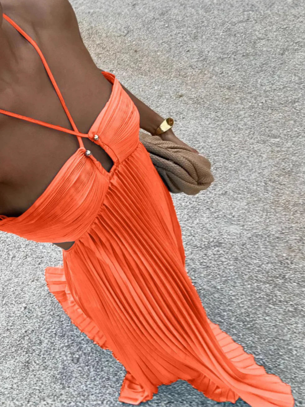 Vestido maxi mujer plisado halter cintura alta