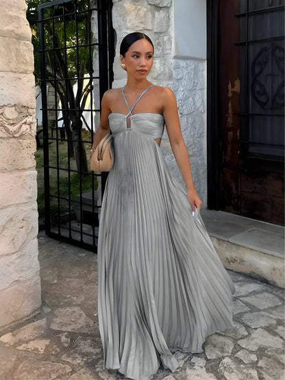 Vestido maxi mujer plisado halter cintura alta