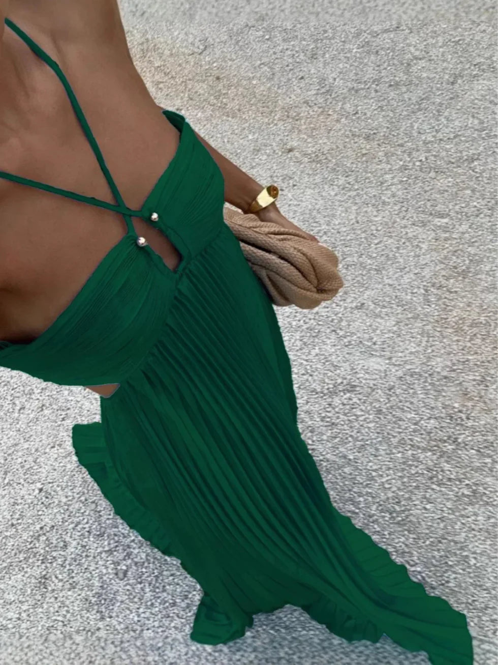 Vestido maxi mujer plisado halter cintura alta