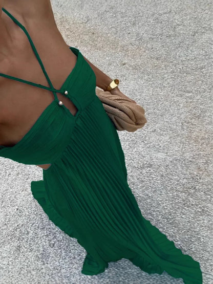 Vestido maxi mujer plisado halter cintura alta