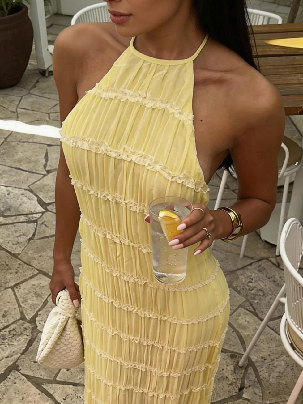 Vestido maxi mujer plisado halter con cordones