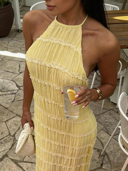 Vestido maxi mujer plisado halter con cordones