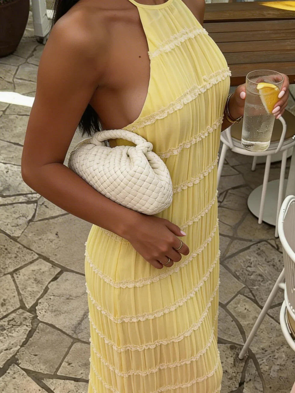 Vestido maxi mujer plisado halter con cordones