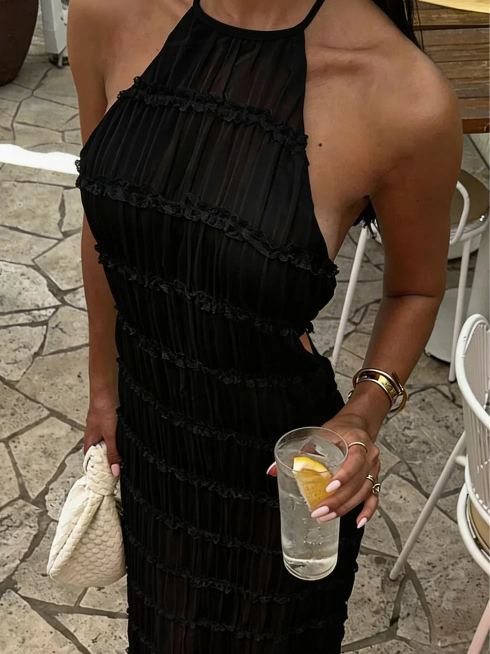 Vestido maxi mujer plisado halter con cordones