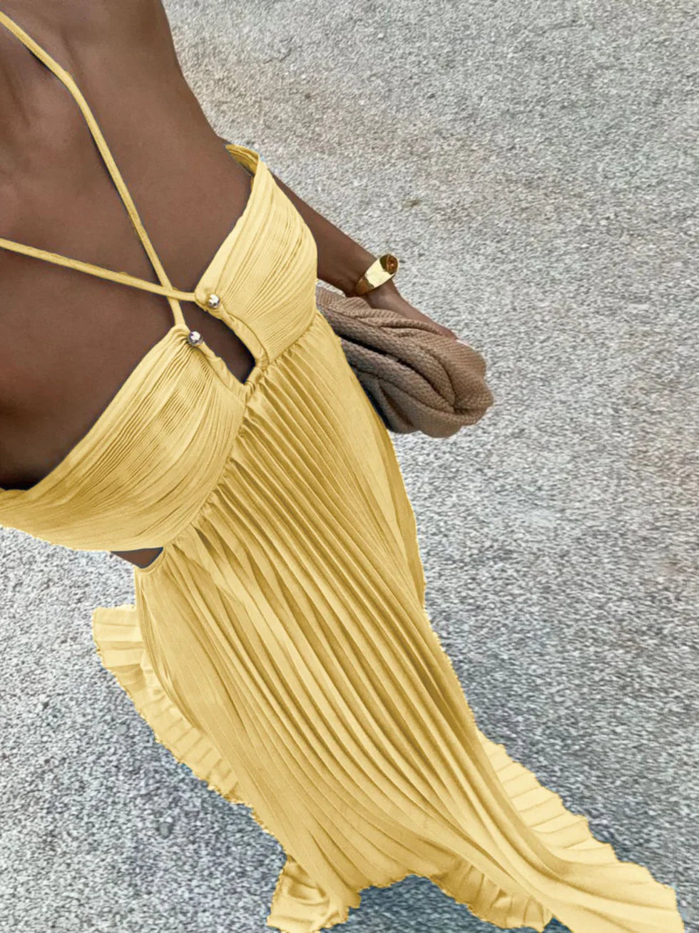 Vestido maxi mujer plisado halter cintura alta - Mavetta