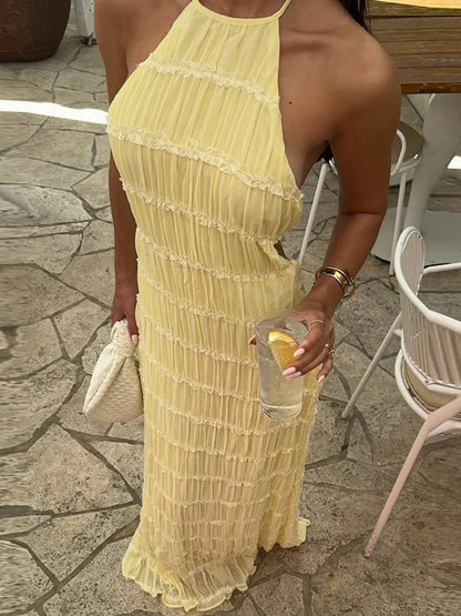 Vestido maxi mujer plisado halter con cordones - Mavetta