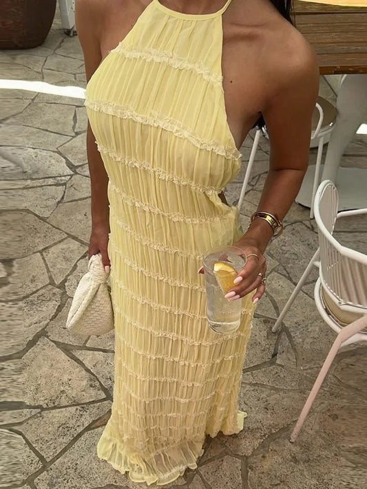 Vestido maxi mujer plisado halter con cordones - Mavetta