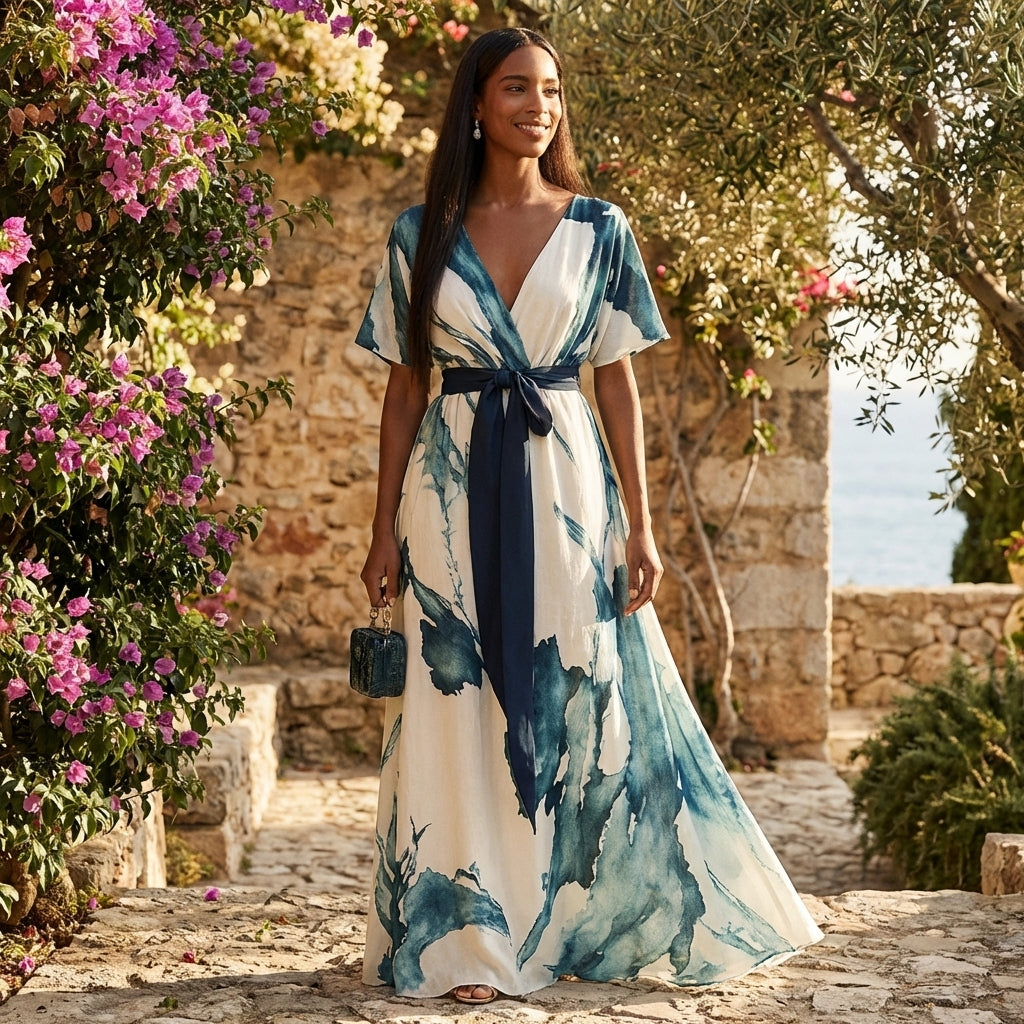 Vestido Largo Mujer Cruzado Estampado Acuarela