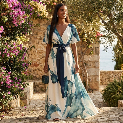 Vestido Largo Mujer Cruzado Estampado Acuarela