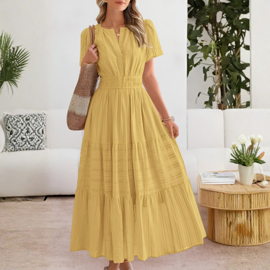 Vestido Midi Mujer Boho Manga Corta Escote en V Cintura Fruncida - Mavetta