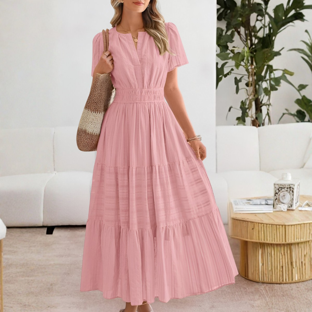 Vestido Midi Mujer Boho Manga Corta Escote en V Cintura Fruncida