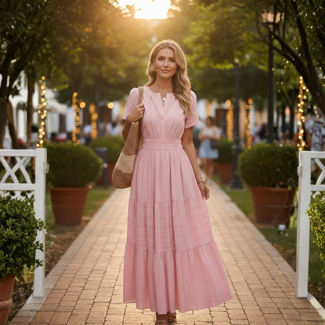 Vestido Midi Mujer Boho Manga Corta Escote en V Cintura Fruncida
