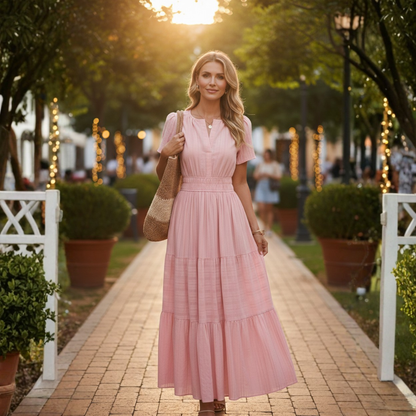 Vestido Midi Mujer Boho Manga Corta Escote en V Cintura Fruncida