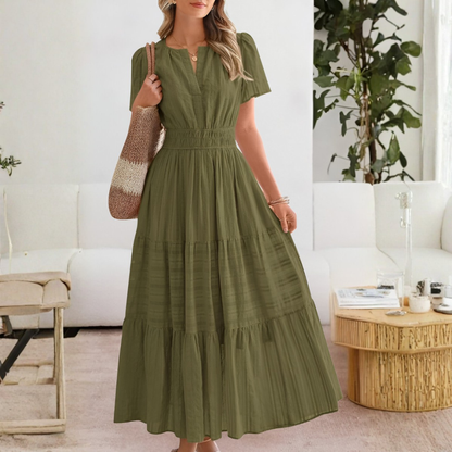 Vestido Midi Mujer Boho Manga Corta Escote en V Cintura Fruncida