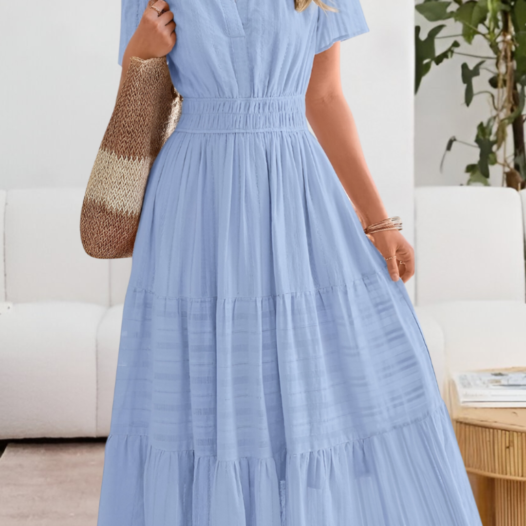 Vestido Midi Mujer Boho Manga Corta Escote en V Cintura Fruncida