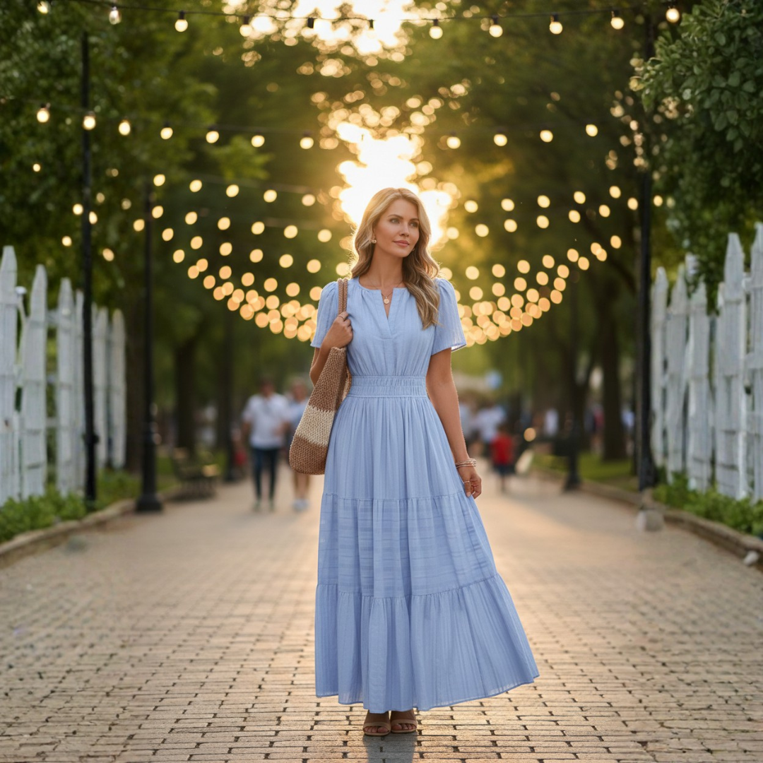 Vestido Midi Mujer Boho Manga Corta Escote en V Cintura Fruncida