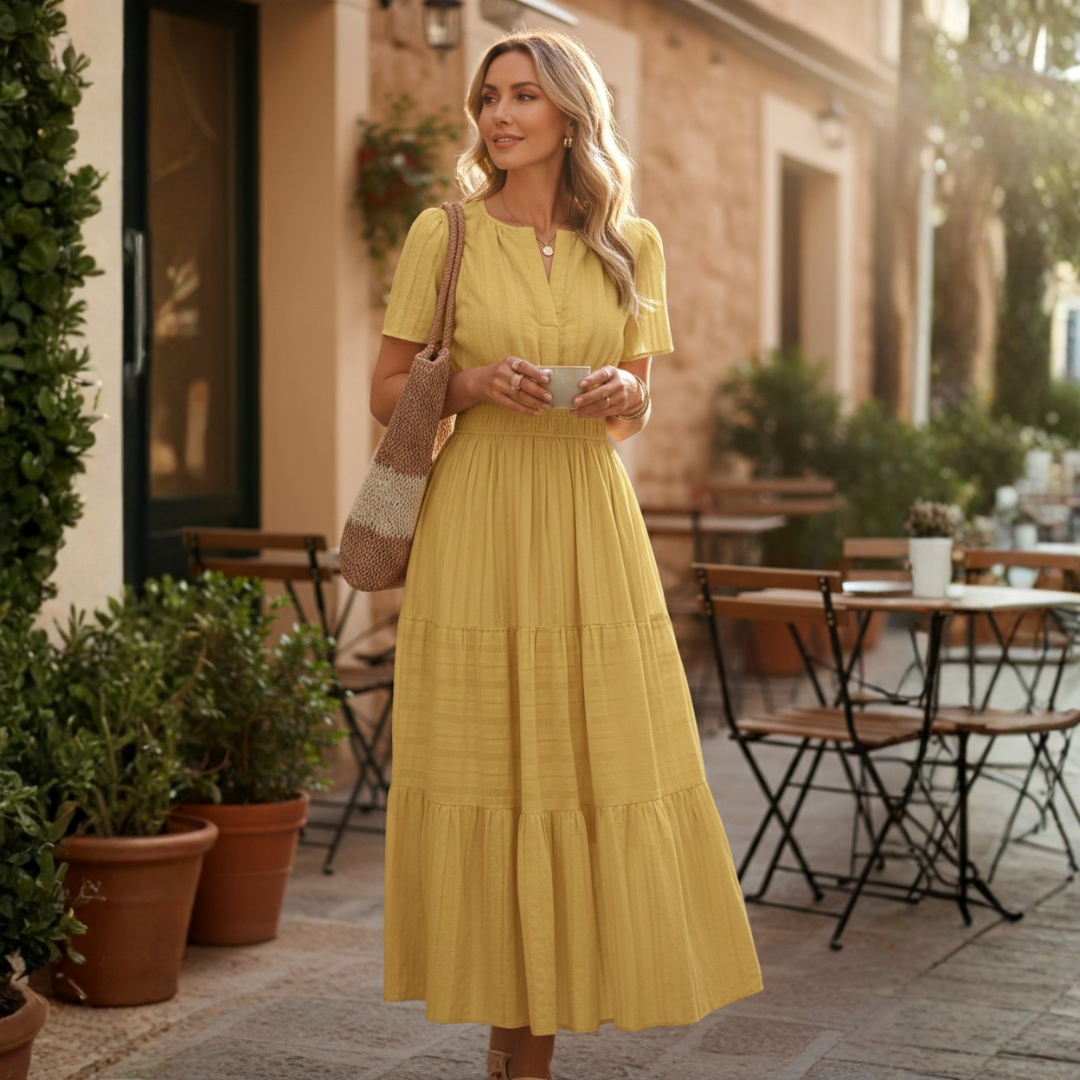 Vestido Midi Mujer Boho Manga Corta Escote en V Cintura Fruncida