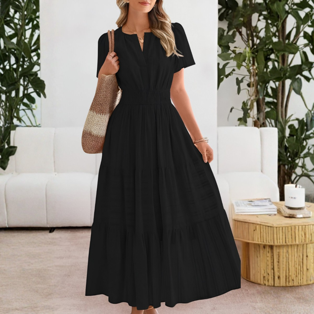 Vestido Midi Mujer Boho Manga Corta Escote en V Cintura Fruncida