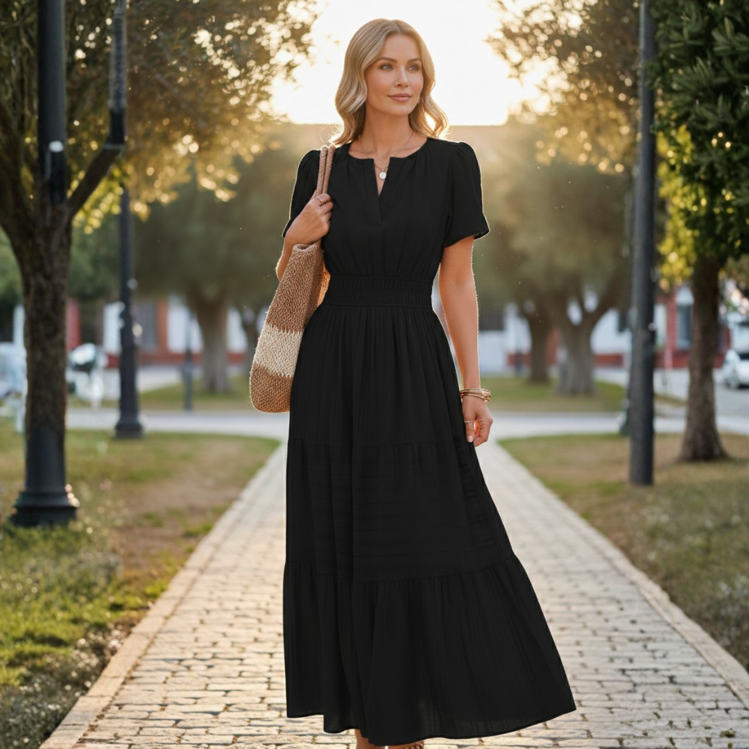 Vestido Midi Mujer Boho Manga Corta Escote en V Cintura Fruncida