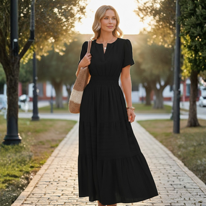 Vestido Midi Mujer Boho Manga Corta Escote en V Cintura Fruncida