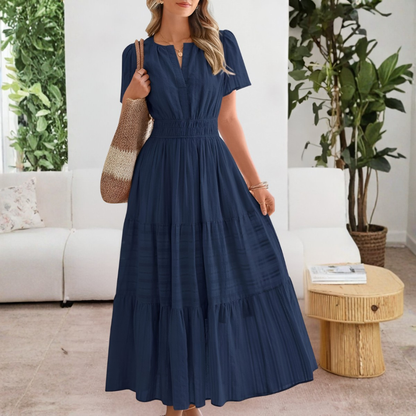 Vestido Midi Mujer Boho Manga Corta Escote en V Cintura Fruncida