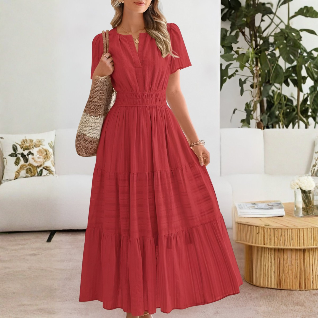 Vestido Midi Mujer Boho Manga Corta Escote en V Cintura Fruncida