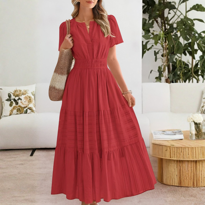 Vestido Midi Mujer Boho Manga Corta Escote en V Cintura Fruncida