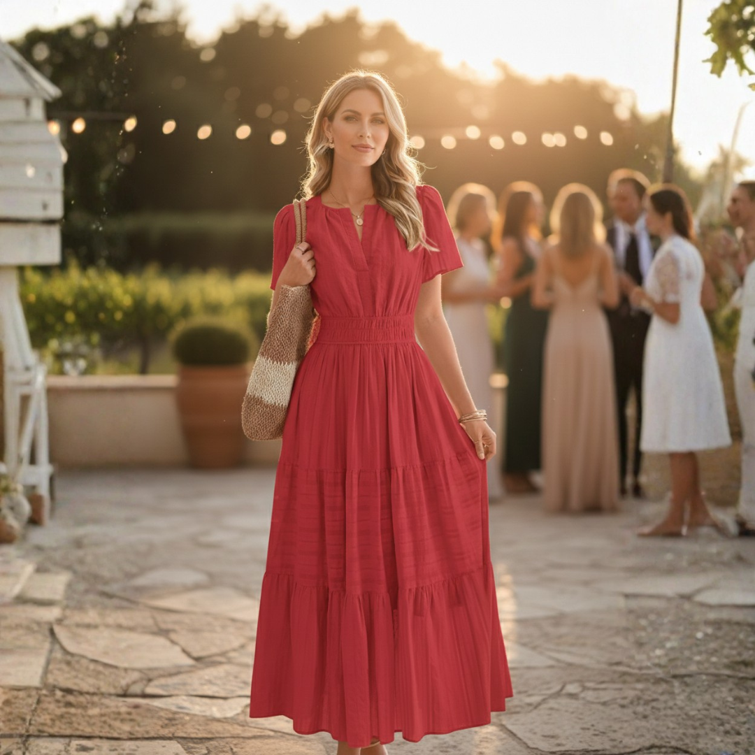 Vestido Midi Mujer Boho Manga Corta Escote en V Cintura Fruncida