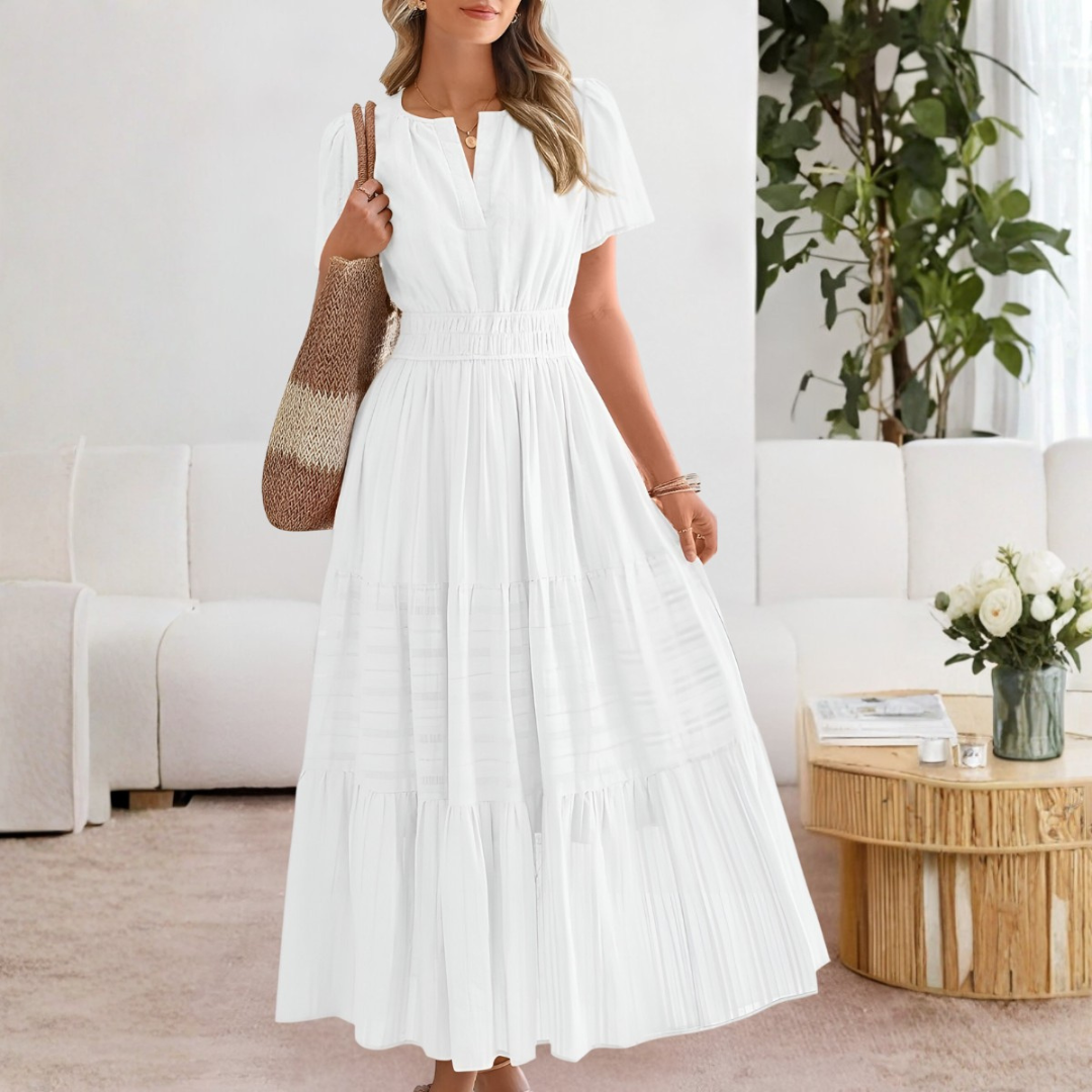 Vestido Midi Mujer Boho Manga Corta Escote en V Cintura Fruncida