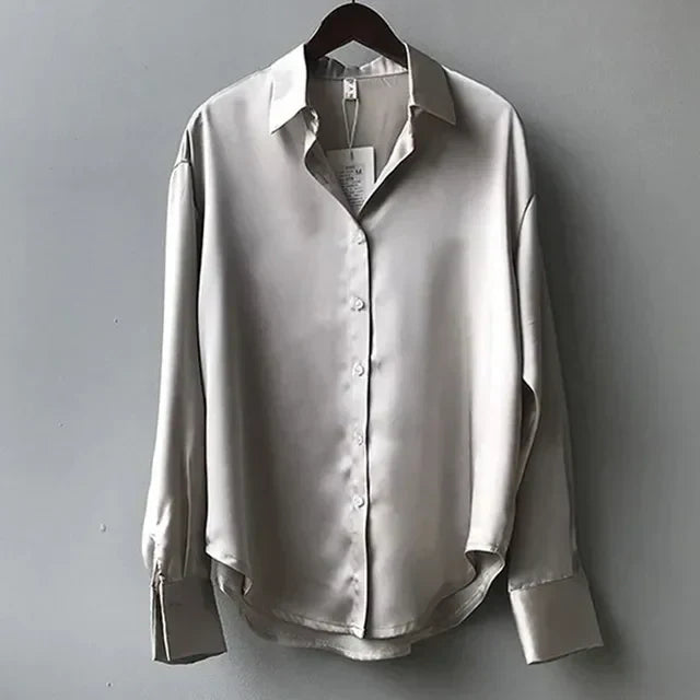 Blusa Mujer de Satén Manga Larga con Botones