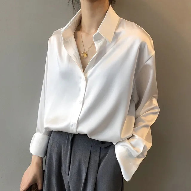 Blusa Mujer de Satén Manga Larga con Botones