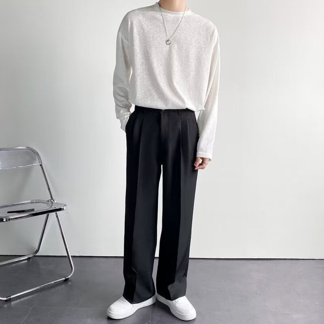 Pantalones Vestir Hombre con Pinzas Pierna Ancha Tiro Medio