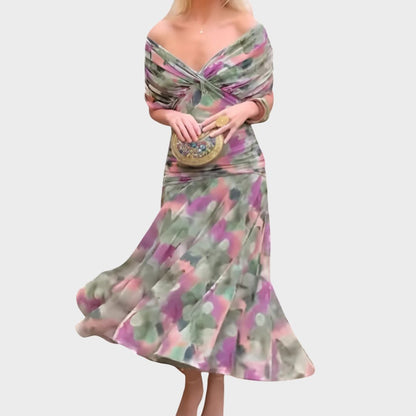 Vestido mujer escote cruzado off-shoulder falda midi fluida tejido - Mavetta