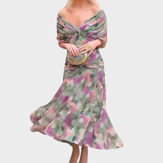 Vestido mujer escote cruzado off-shoulder falda midi fluida tejido - Mavetta
