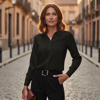 Blusa Mujer Cuello Camisero Manga Larga Cierre Frontal