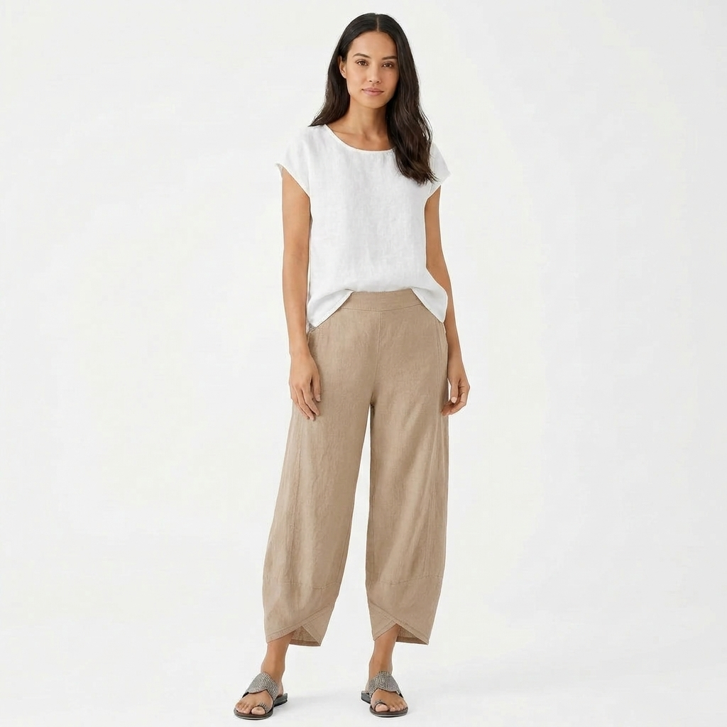 Pantalón Culotte Mujer de Lino Corte Holgado Bajo Cruzado - Mavetta