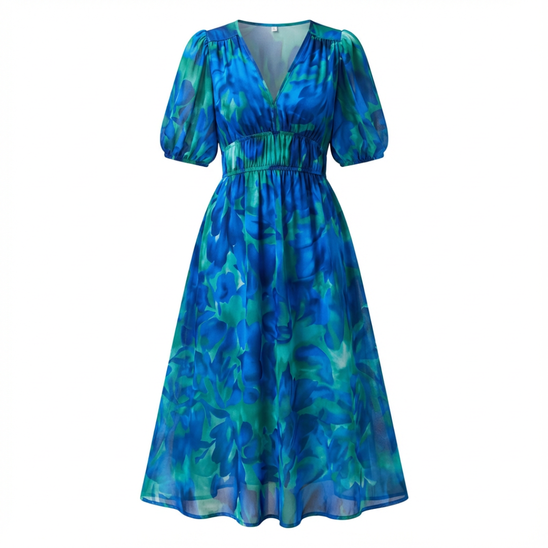 Vestido Midi Mujer Estampado Escote en V Manga Corta Cintura Fruncida