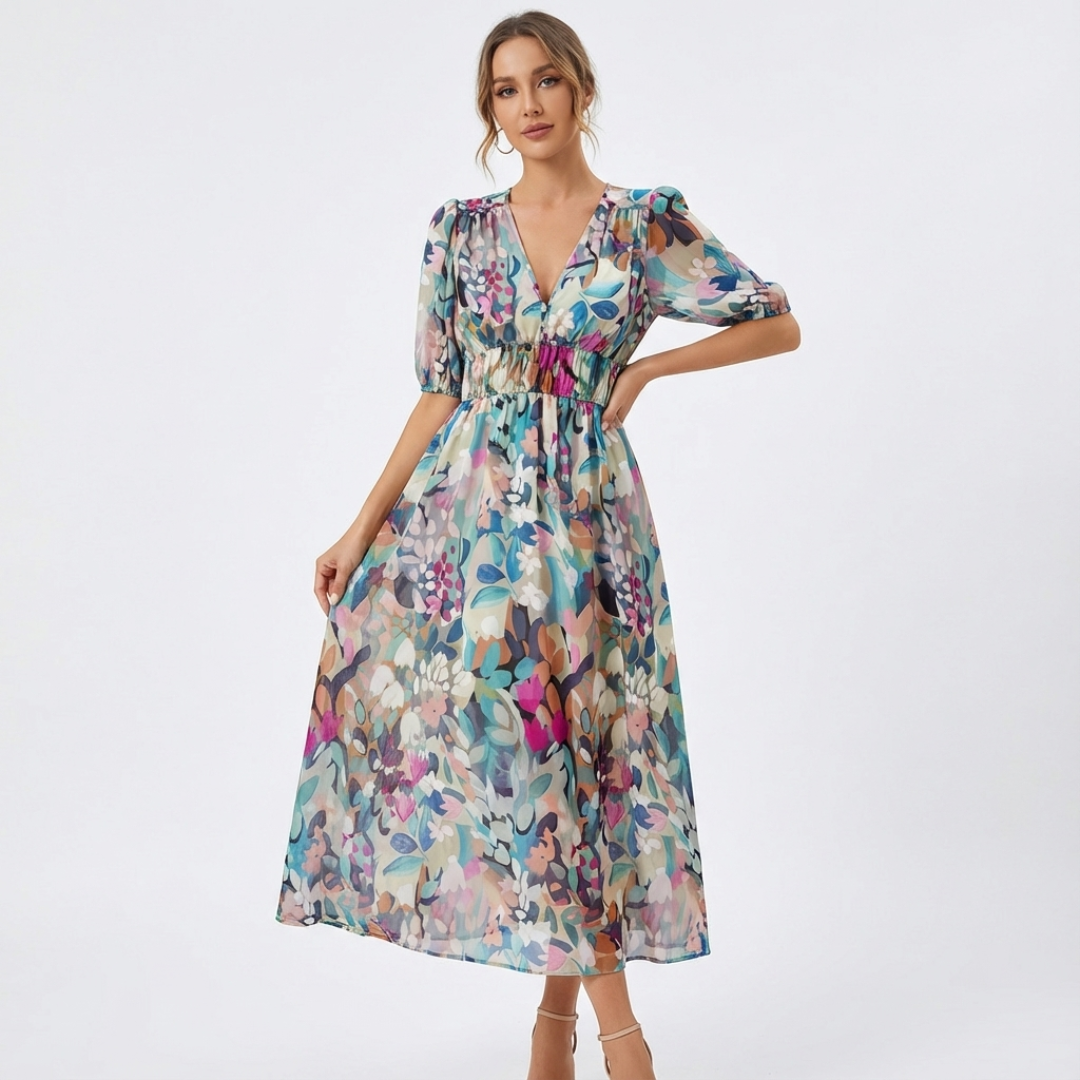 Vestido Midi Mujer Estampado Escote en V Manga Corta Cintura Fruncida - Mavetta