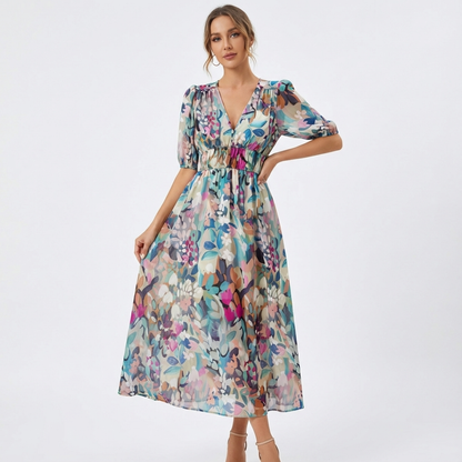 Vestido Midi Mujer Estampado Escote en V Manga Corta Cintura Fruncida - Mavetta