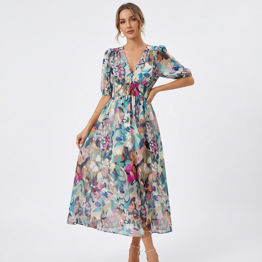 Vestido Midi Mujer Estampado Escote en V Manga Corta Cintura Fruncida - Mavetta
