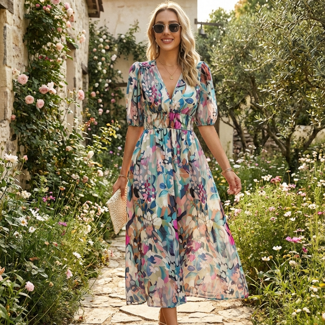 Vestido Midi Mujer Estampado Escote en V Manga Corta Cintura Fruncida