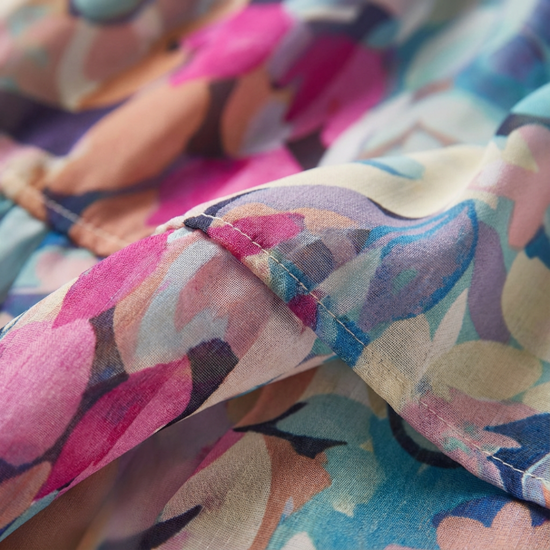Vestido Midi Mujer Estampado Escote en V Manga Corta Cintura Fruncida
