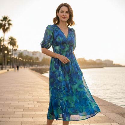 Vestido Midi Mujer Estampado Escote en V Manga Corta Cintura Fruncida
