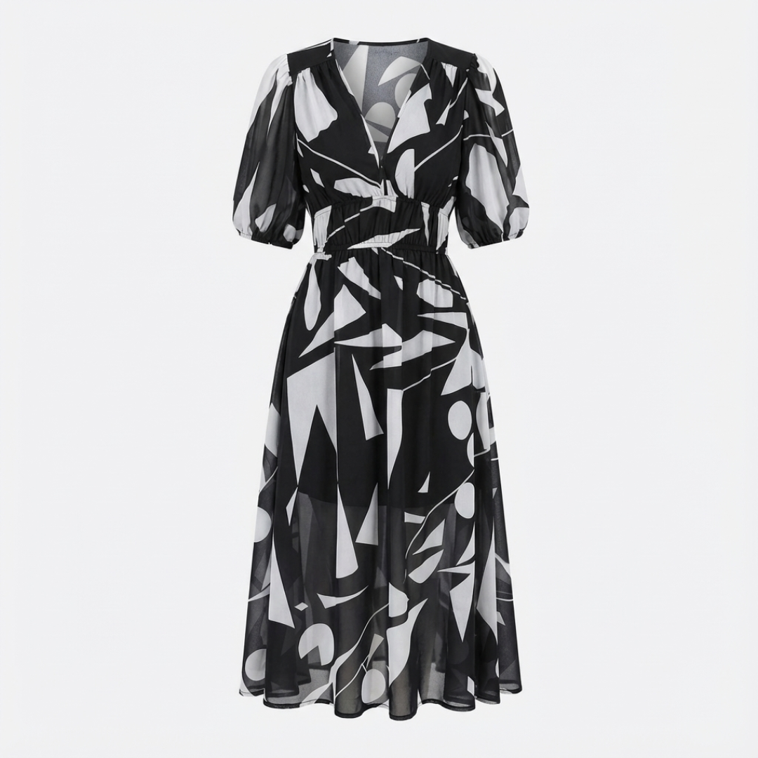 Vestido Midi Mujer Estampado Escote en V Manga Corta Cintura Fruncida