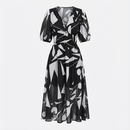 Vestido Midi Mujer Estampado Escote en V Manga Corta Cintura Fruncida