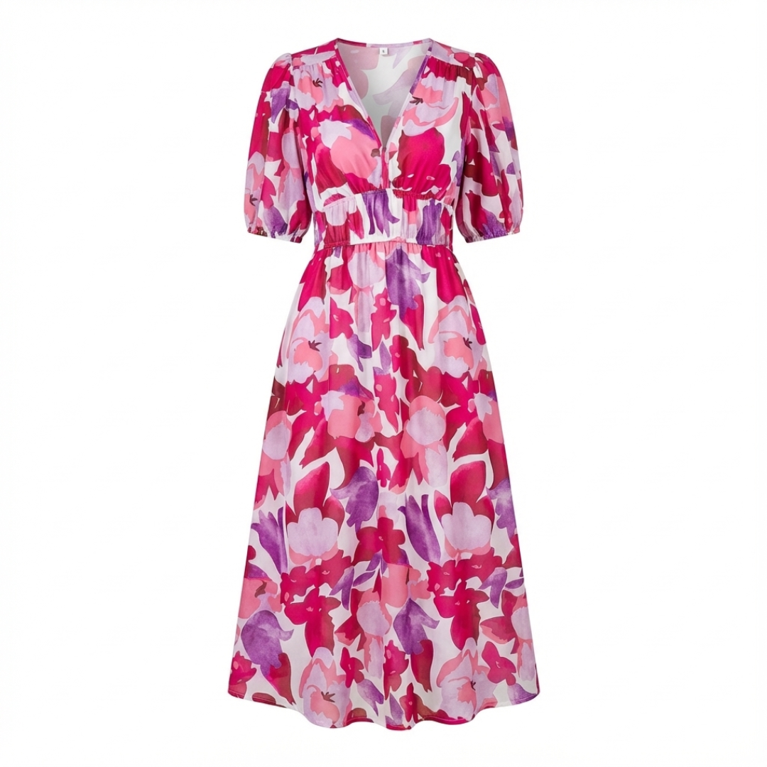 Vestido Midi Mujer Estampado Escote en V Manga Corta Cintura Fruncida